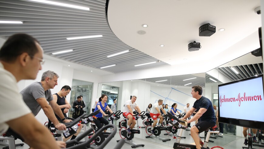 Johnson & Johnson Chairman and CEO Alex Gorsky leading a spin class at Johnson & Johnson offices in Shanghai, China