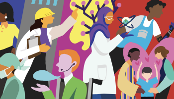 A composite graphic featuring a construction worker, a surgeon, parents and more