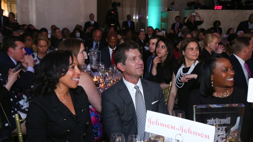 Wanda Bryant Hope (left) and Alex Gorsky at the 2018 DiversityInc Top 50 Companies for Diversity Gala