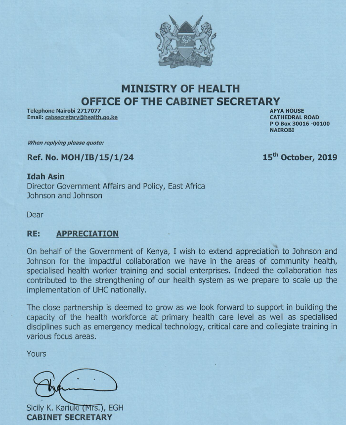 Kenya Ministry of Health Recognizes Johnson & Johnson Partnership in Country’s Effort to Achieve Universal Health Coverage by 2022