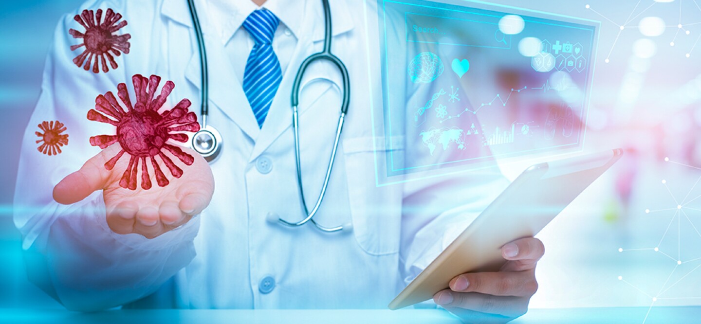 Lede graphic of doctor holding 3-D COVID virus in one hand and tablet in the other 